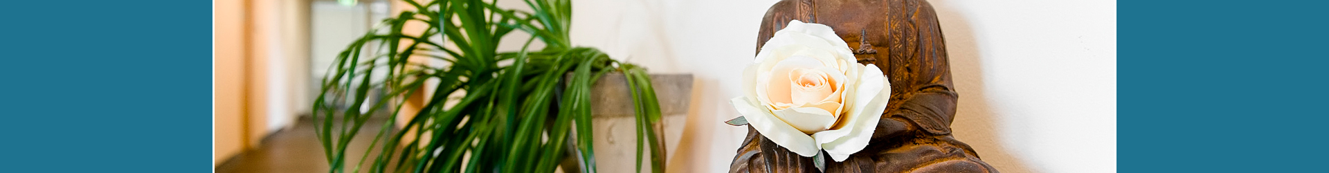 Rosenblüte und Pflanzentopf in einem Gang